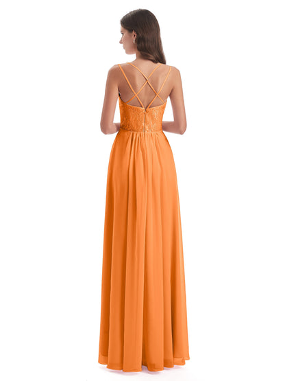 Saanvi Spaghetti Straps Open Back Lace Long Bridesmaid Dresses