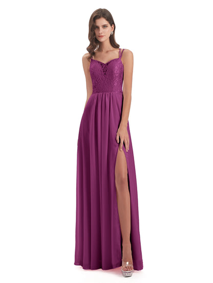Saanvi Spaghetti Straps Open Back Lace Long Bridesmaid Dresses