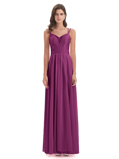 Saanvi Spaghetti Straps Open Back Lace Long Bridesmaid Dresses