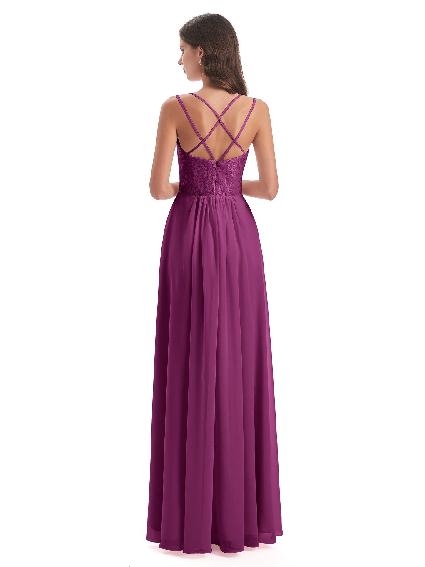 Saanvi Spaghetti Straps Open Back Lace Long Bridesmaid Dresses