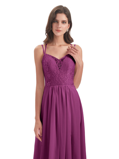 Saanvi Spaghetti Straps Open Back Lace Long Bridesmaid Dresses