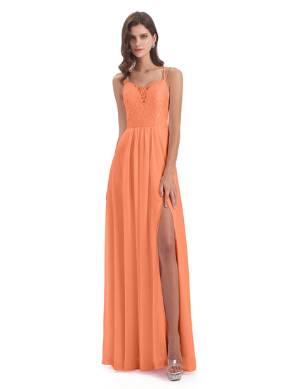 Saanvi Spaghetti Straps Open Back Lace Long Bridesmaid Dresses