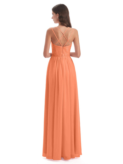 Saanvi Spaghetti Straps Open Back Lace Long Bridesmaid Dresses