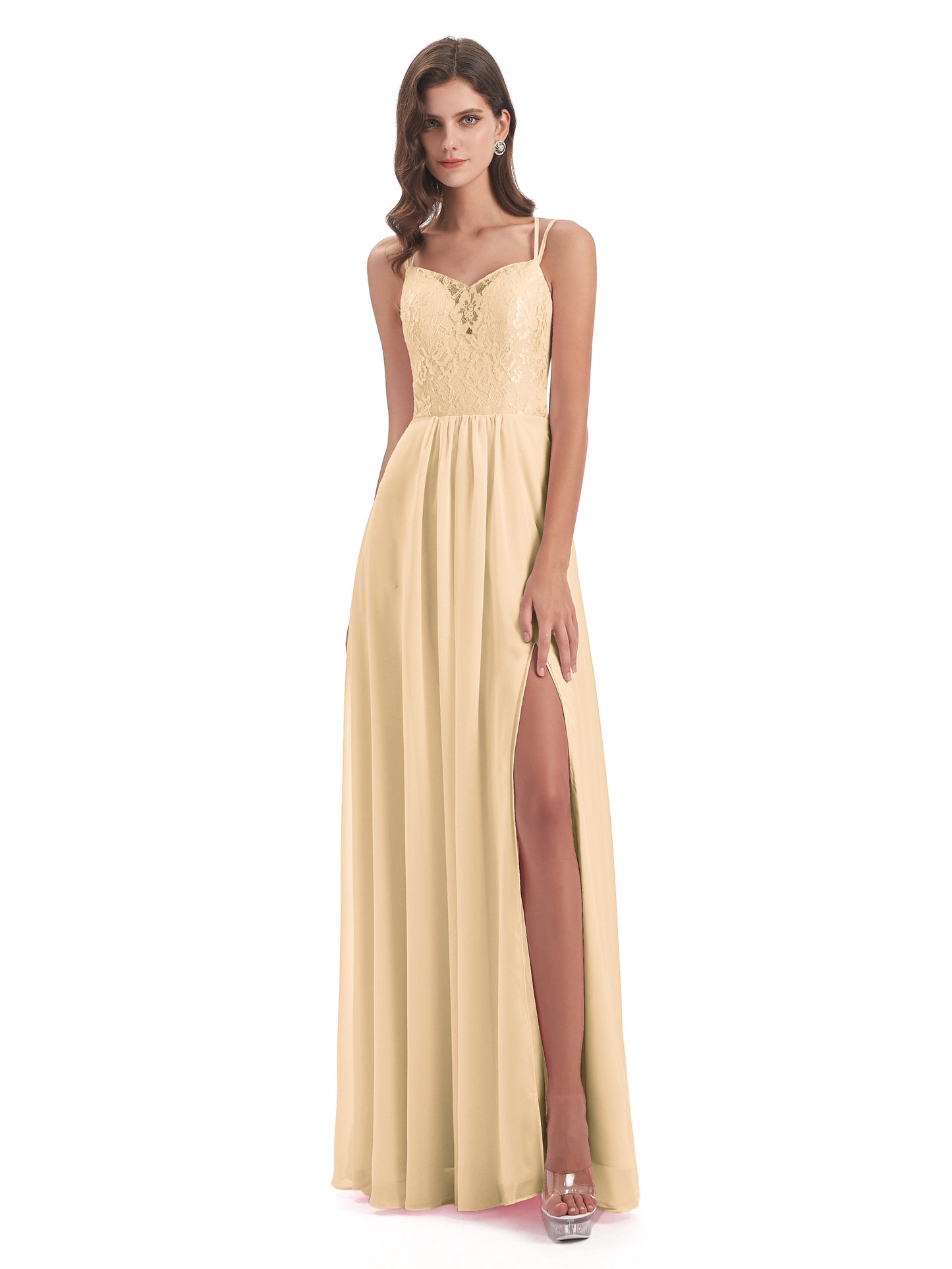 Saanvi Spaghetti Straps Open Back Lace Long Bridesmaid Dresses