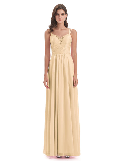 Saanvi Spaghetti Straps Open Back Lace Long Bridesmaid Dresses