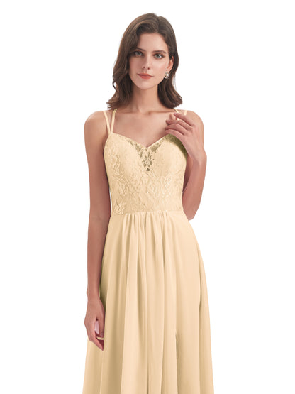 Saanvi Spaghetti Straps Open Back Lace Long Bridesmaid Dresses