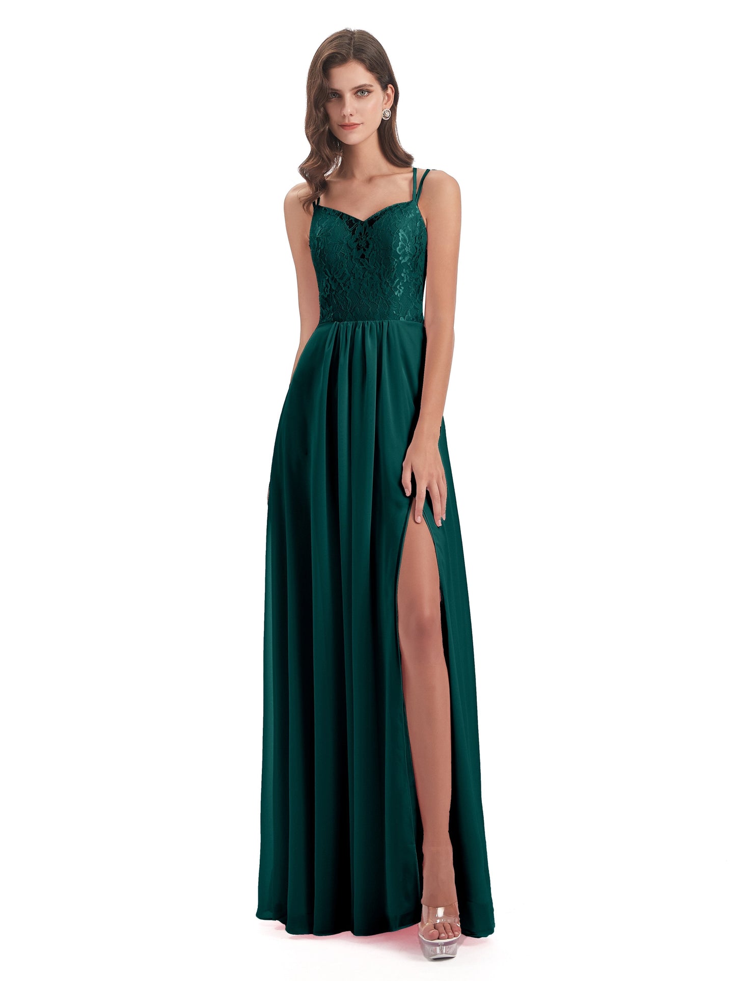 Saanvi Spaghetti Straps Open Back Lace Long Bridesmaid Dresses