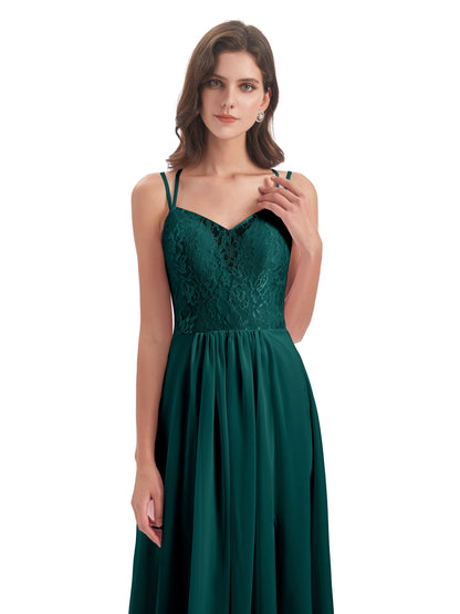 Saanvi Spaghetti Straps Open Back Lace Long Bridesmaid Dresses
