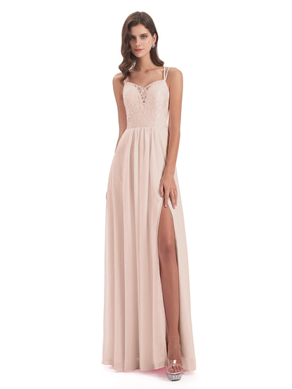 Saanvi Spaghetti Straps Open Back Lace Long Bridesmaid Dresses