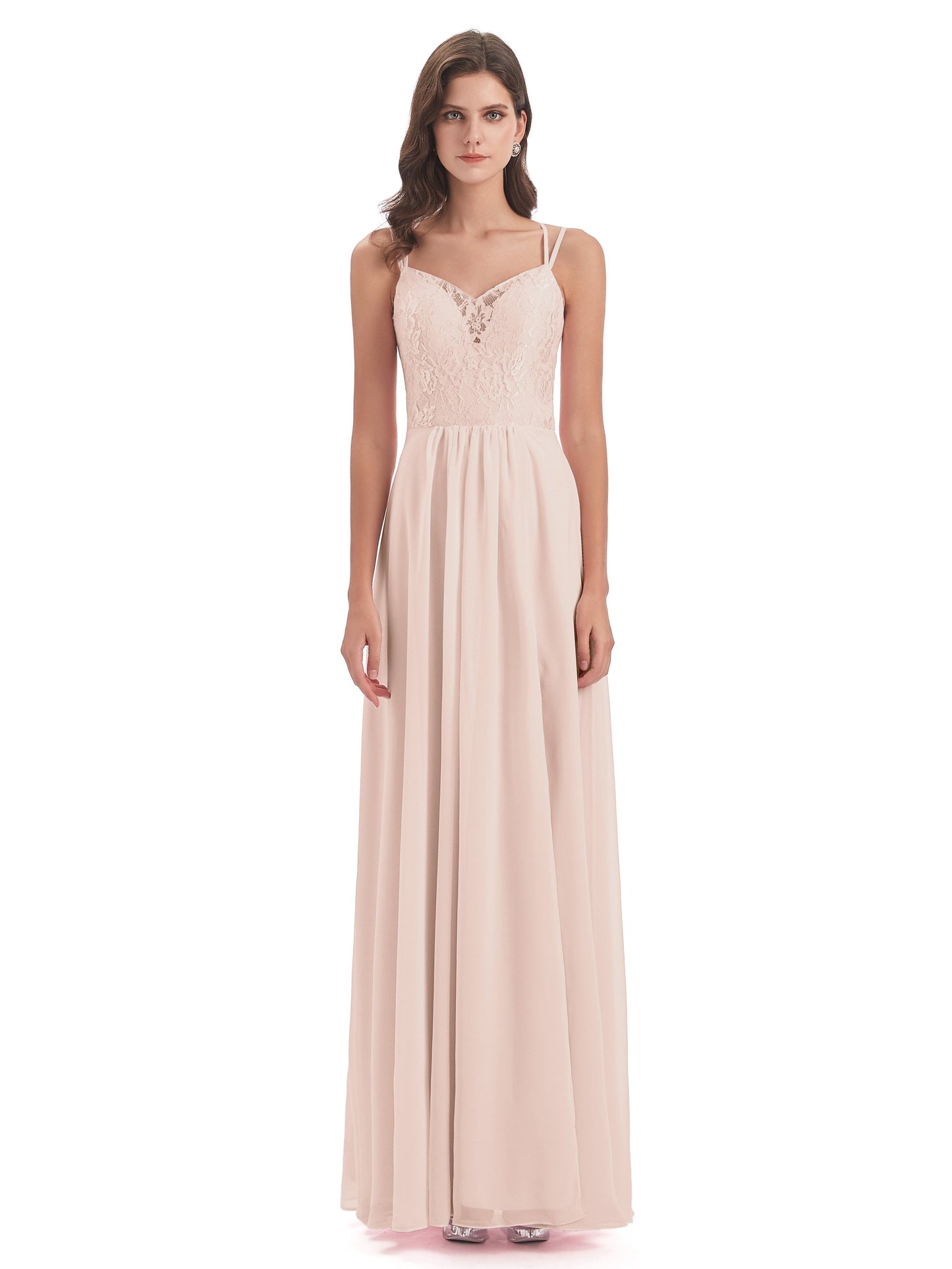 Saanvi Spaghetti Straps Open Back Lace Long Bridesmaid Dresses