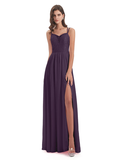 Saanvi Spaghetti Straps Open Back Lace Long Bridesmaid Dresses