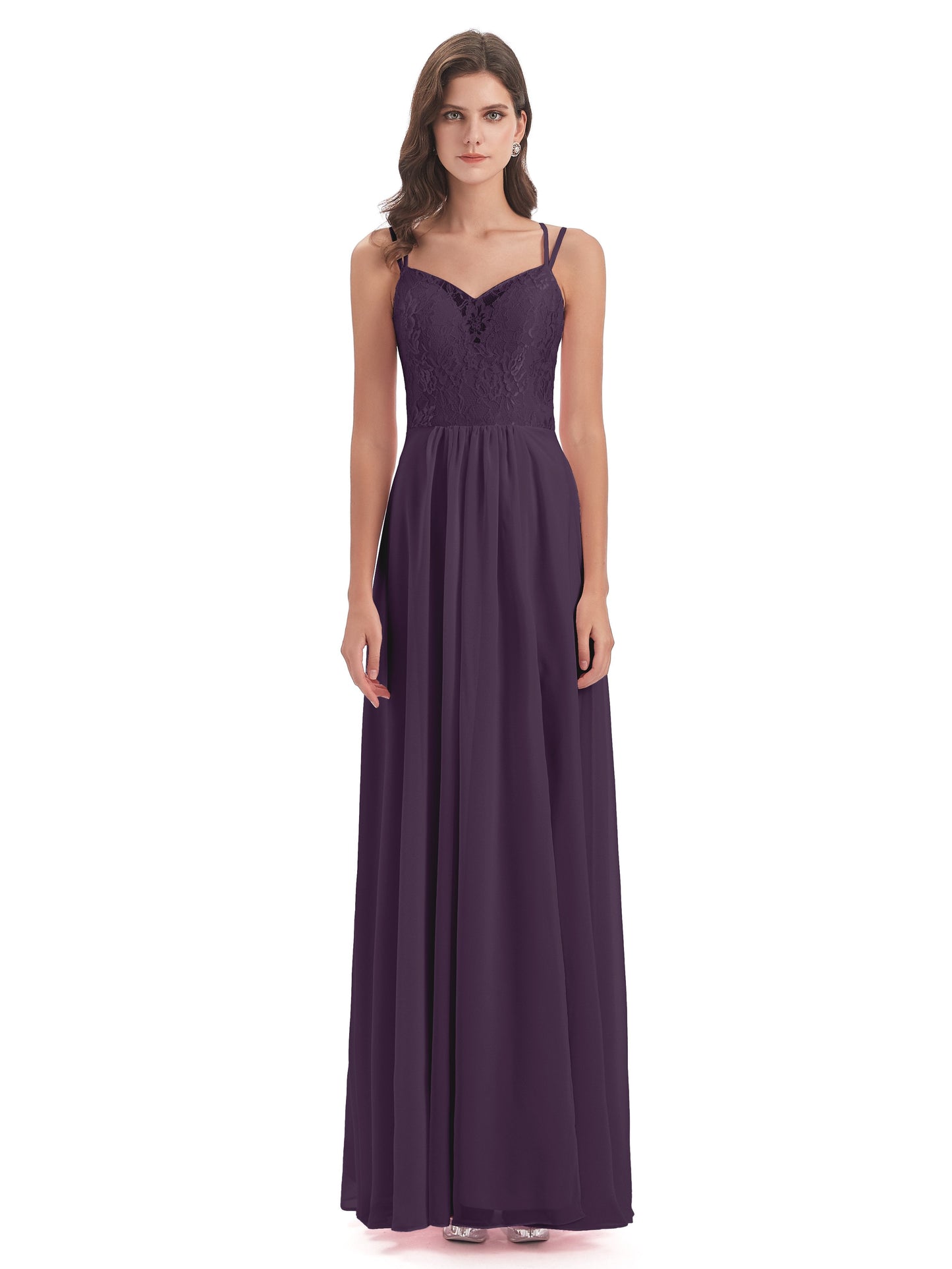 Saanvi Spaghetti Straps Open Back Lace Long Bridesmaid Dresses