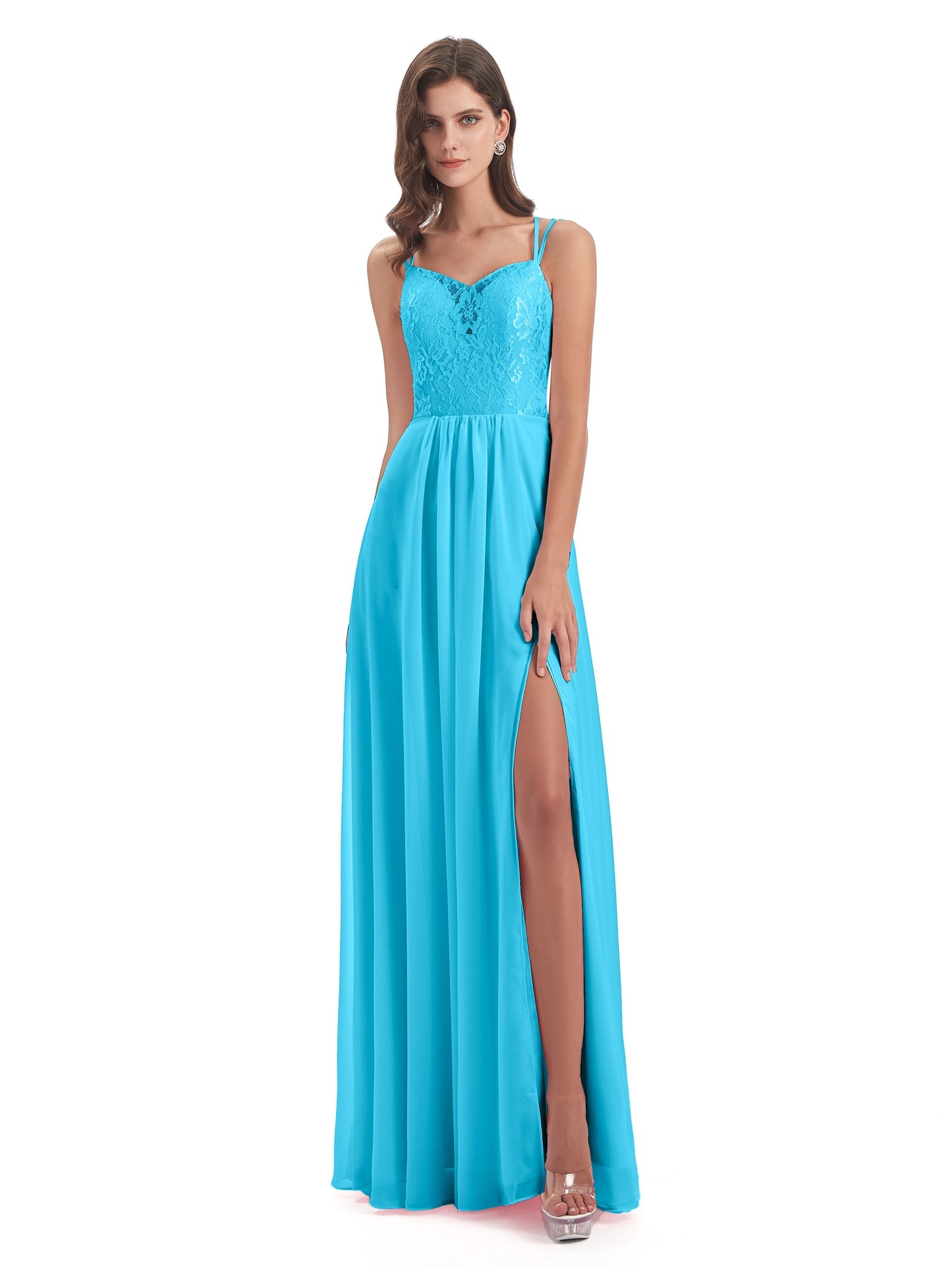 Saanvi Spaghetti Straps Open Back Lace Long Bridesmaid Dresses