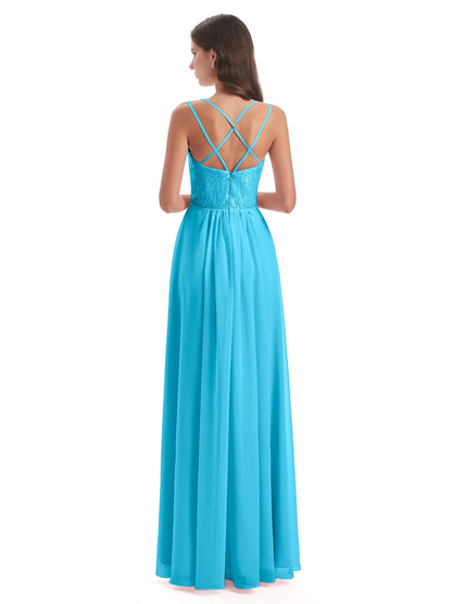 Saanvi Spaghetti Straps Open Back Lace Long Bridesmaid Dresses
