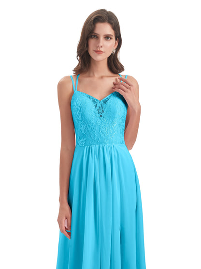 Saanvi Spaghetti Straps Open Back Lace Long Bridesmaid Dresses