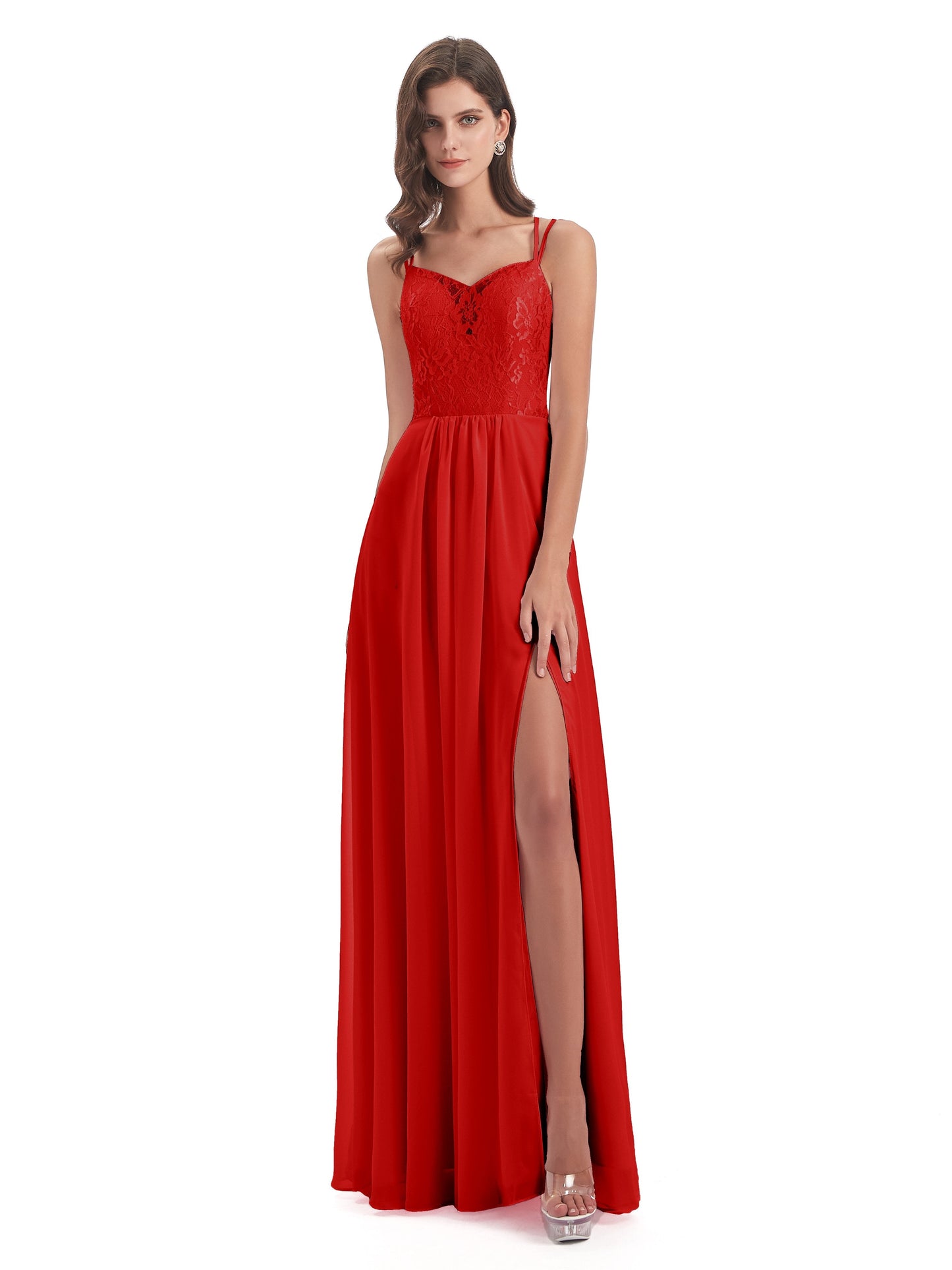 Saanvi Spaghetti Straps Open Back Lace Long Bridesmaid Dresses