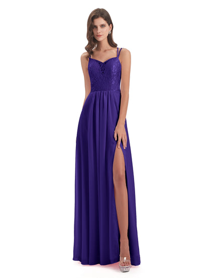 Saanvi Spaghetti Straps Open Back Lace Long Bridesmaid Dresses