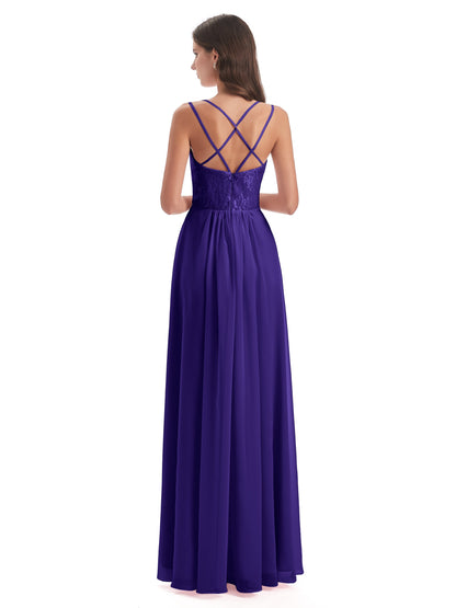 Saanvi Spaghetti Straps Open Back Lace Long Bridesmaid Dresses