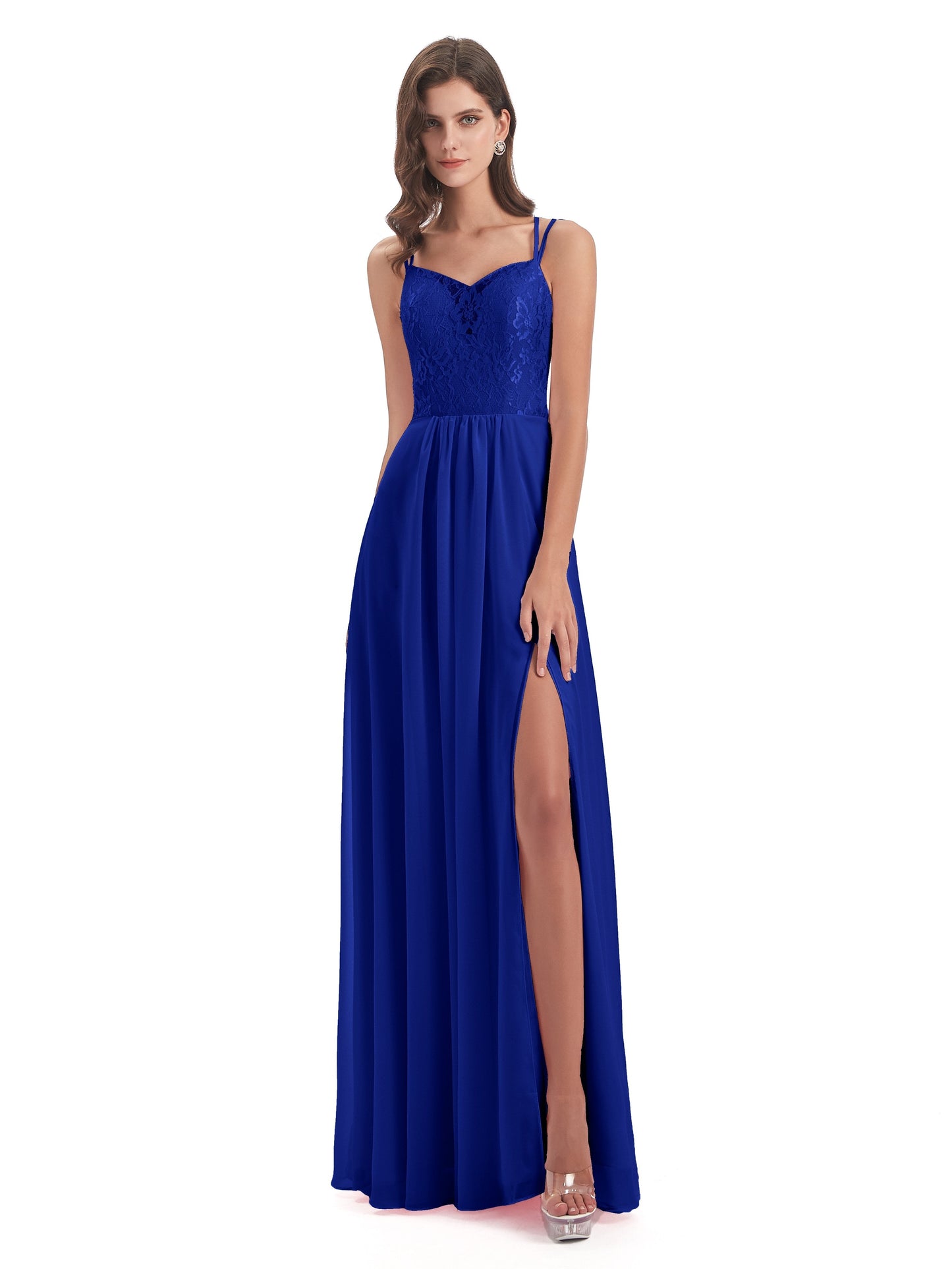 Saanvi Spaghetti Straps Open Back Lace Long Bridesmaid Dresses
