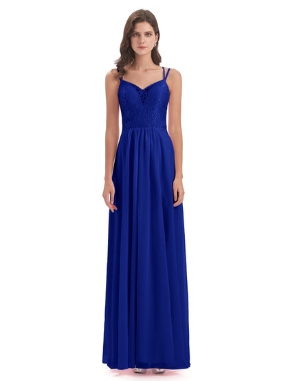 Saanvi Spaghetti Straps Open Back Lace Long Bridesmaid Dresses