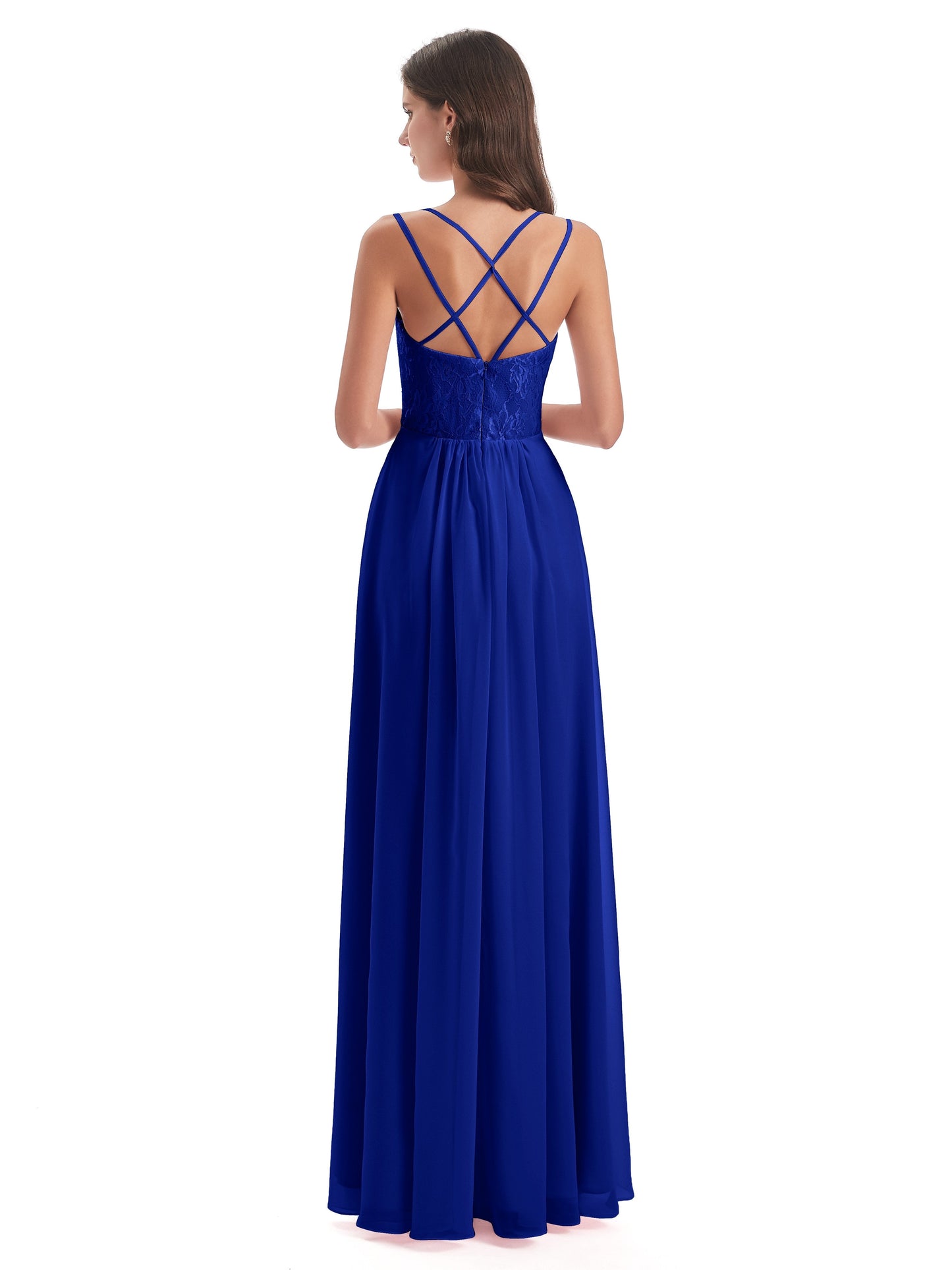 Saanvi Spaghetti Straps Open Back Lace Long Bridesmaid Dresses