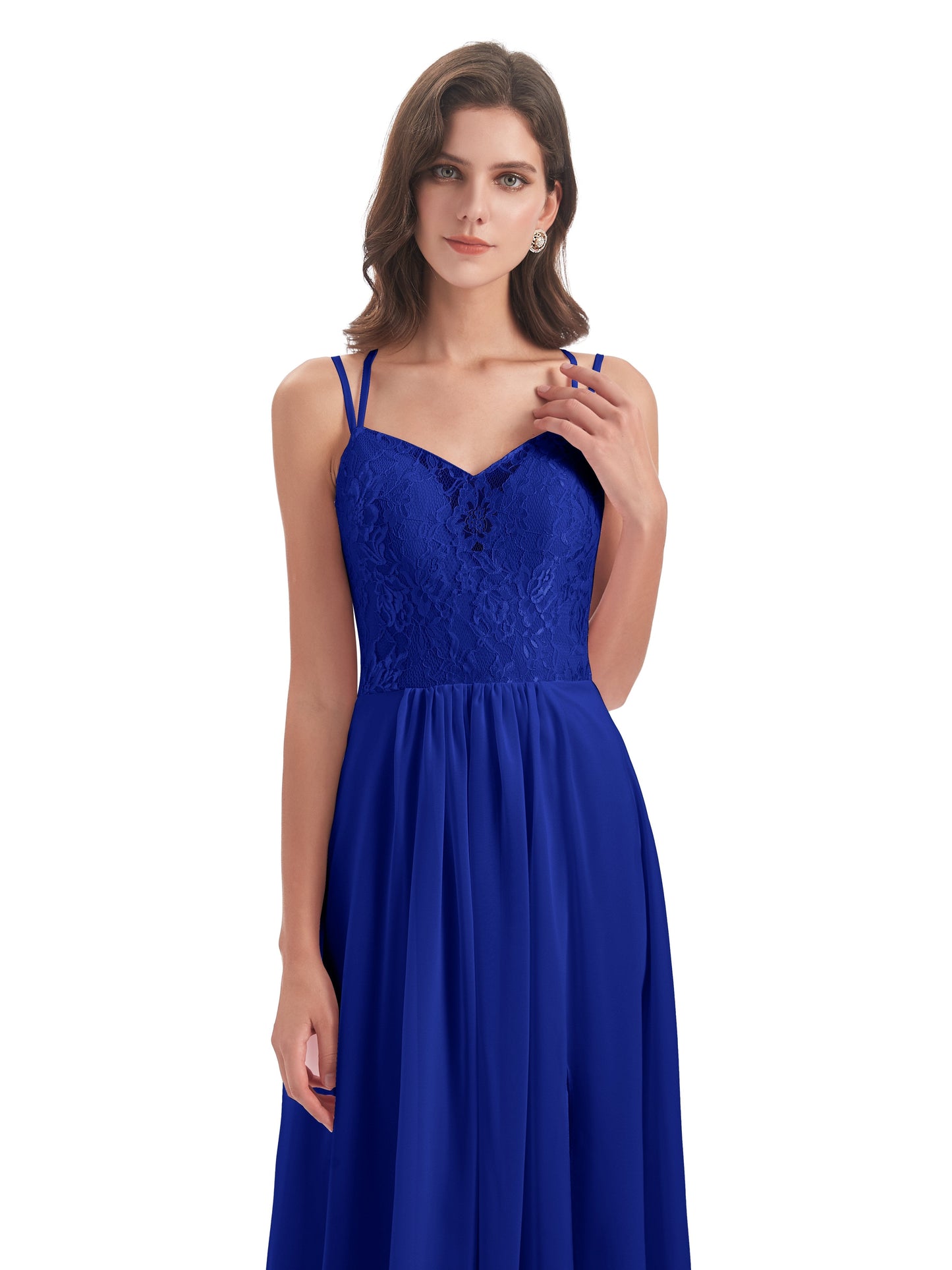 Saanvi Spaghetti Straps Open Back Lace Long Bridesmaid Dresses