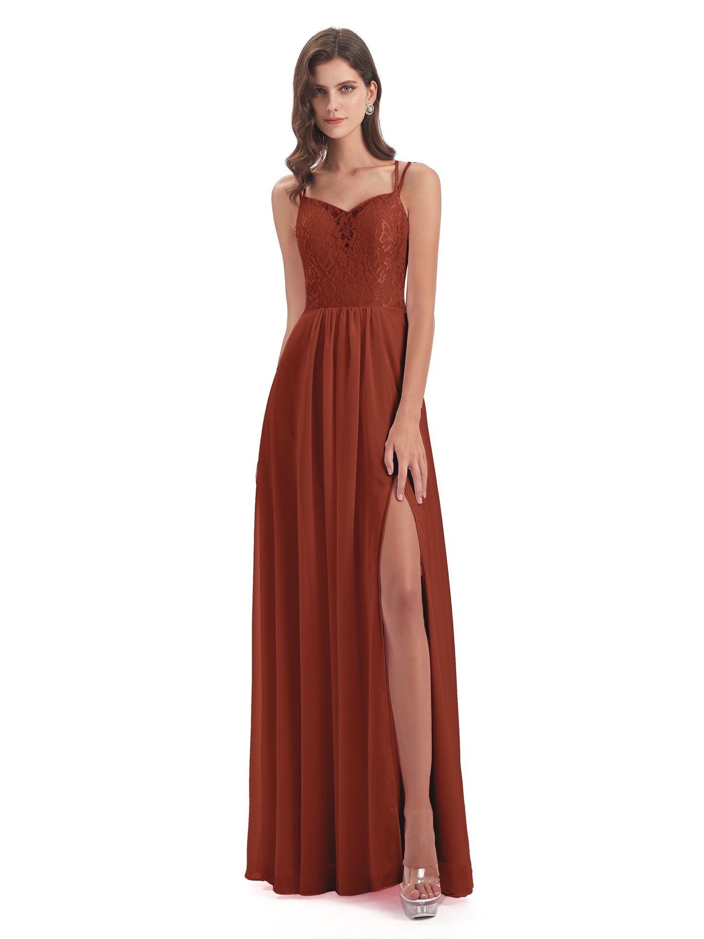 Saanvi Spaghetti Straps Open Back Lace Long Bridesmaid Dresses