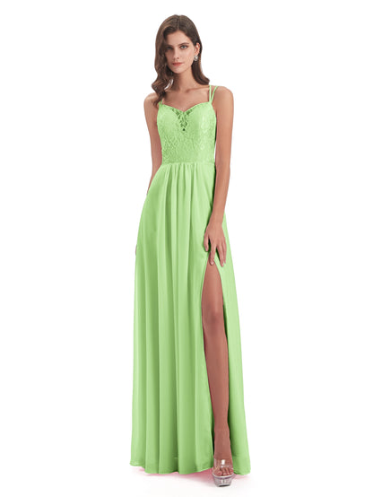 Saanvi Spaghetti Straps Open Back Lace Long Bridesmaid Dresses