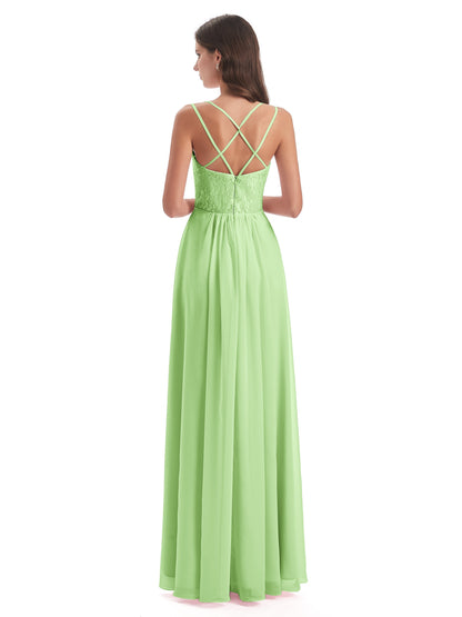 Saanvi Spaghetti Straps Open Back Lace Long Bridesmaid Dresses
