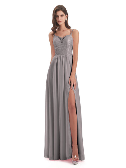 Saanvi Spaghetti Straps Open Back Lace Long Bridesmaid Dresses