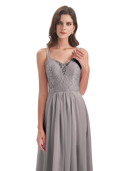 Saanvi Spaghetti Straps Open Back Lace Long Bridesmaid Dresses