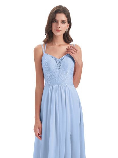 Saanvi Spaghetti Straps Open Back Lace Long Bridesmaid Dresses