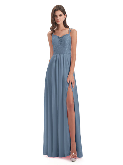 Saanvi Spaghetti Straps Open Back Lace Long Bridesmaid Dresses