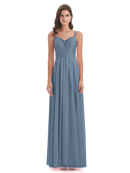 Saanvi Spaghetti Straps Open Back Lace Long Bridesmaid Dresses