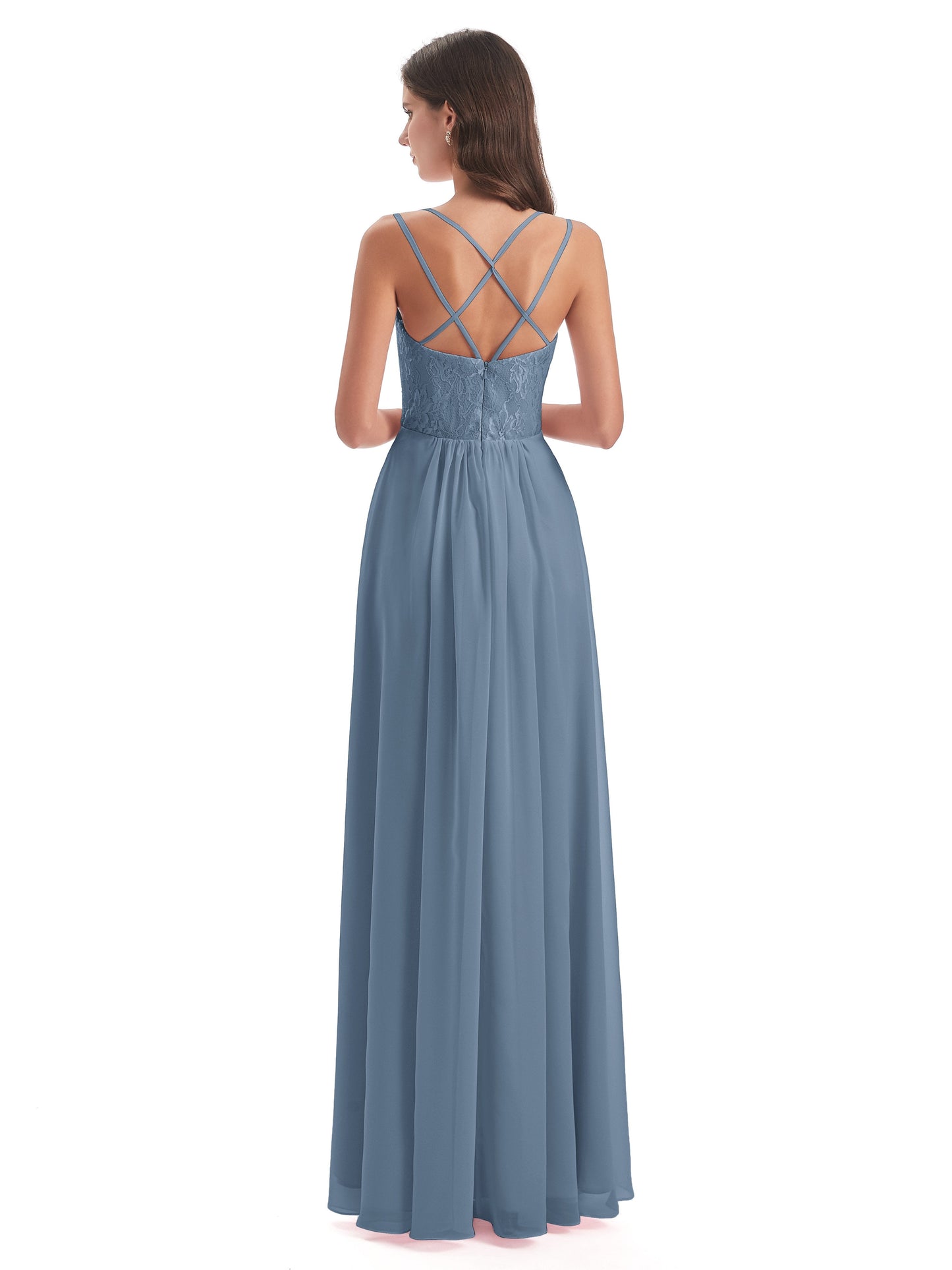 Saanvi Spaghetti Straps Open Back Lace Long Bridesmaid Dresses