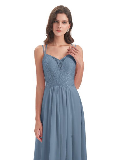 Saanvi Spaghetti Straps Open Back Lace Long Bridesmaid Dresses