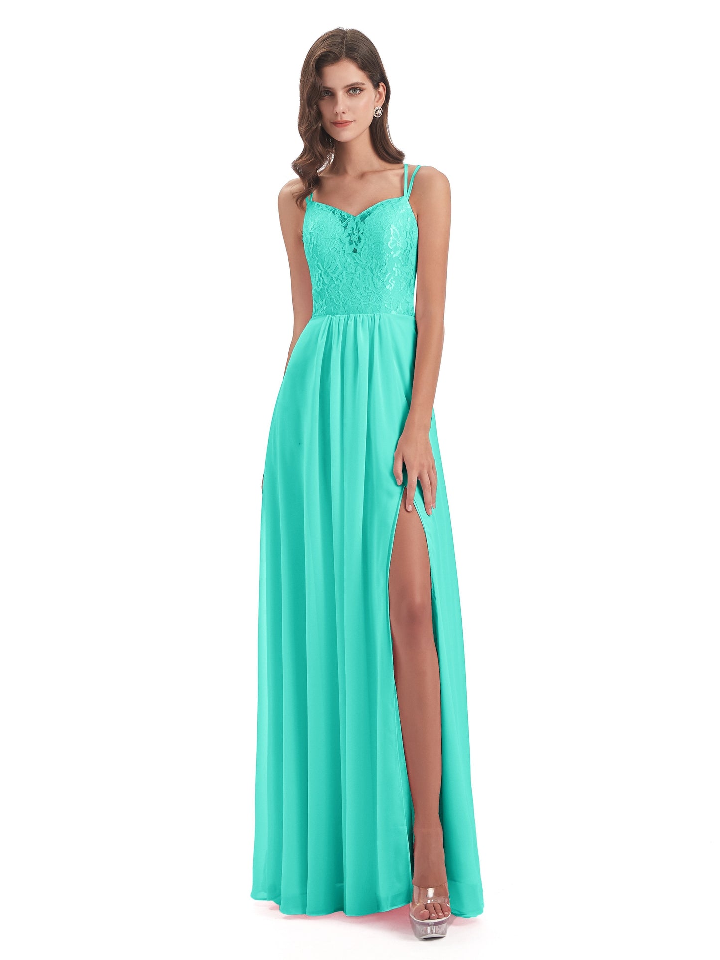 Saanvi Spaghetti Straps Open Back Lace Long Bridesmaid Dresses