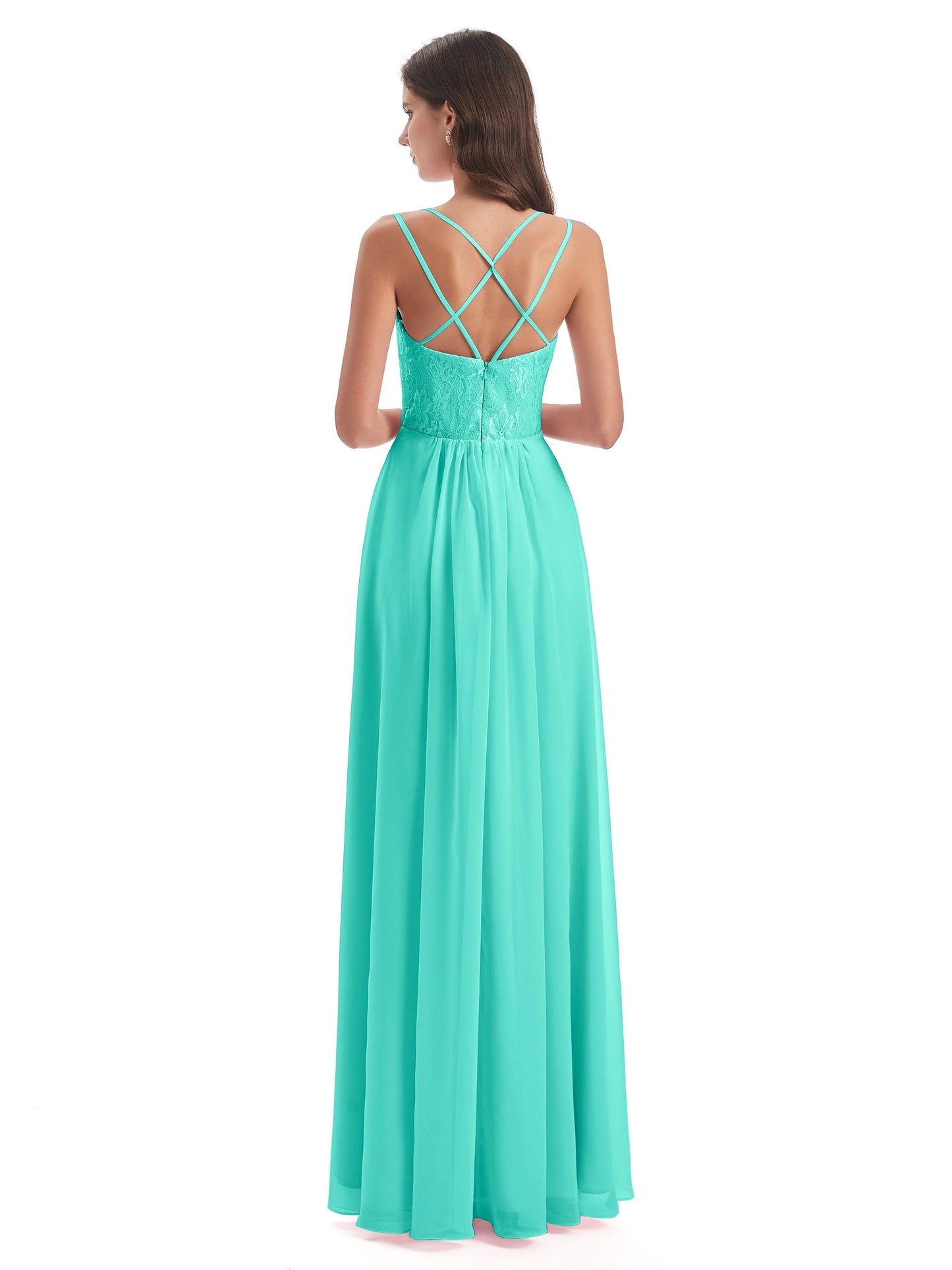 Saanvi Spaghetti Straps Open Back Lace Long Bridesmaid Dresses