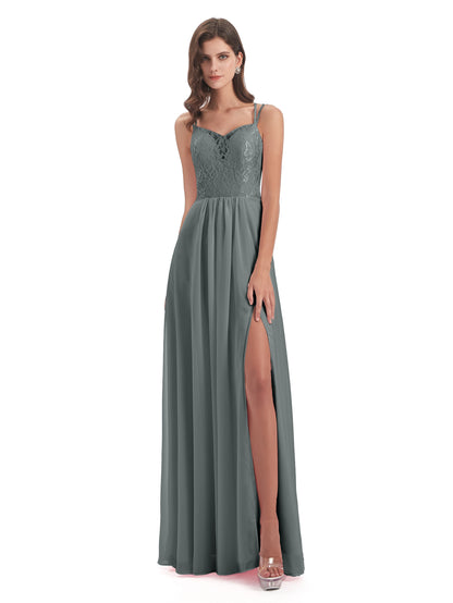 Saanvi Spaghetti Straps Open Back Lace Long Bridesmaid Dresses