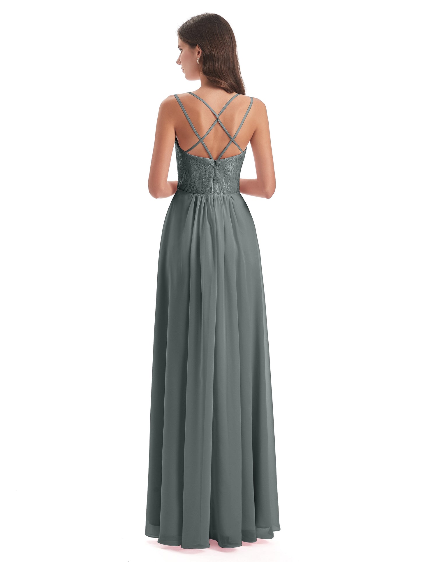 Saanvi Spaghetti Straps Open Back Lace Long Bridesmaid Dresses