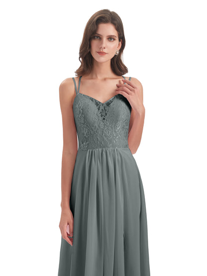Saanvi Spaghetti Straps Open Back Lace Long Bridesmaid Dresses