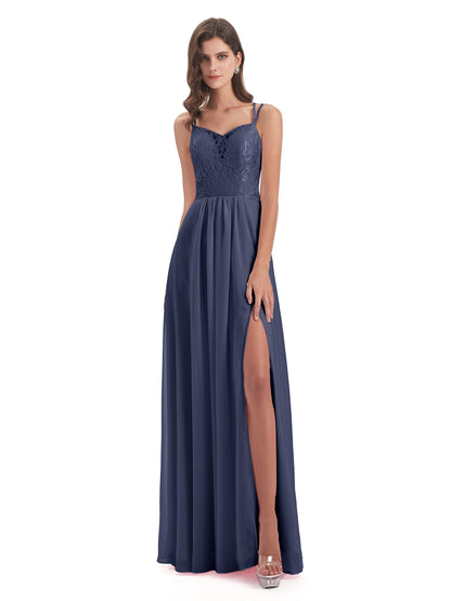Saanvi Spaghetti Straps Open Back Lace Long Bridesmaid Dresses