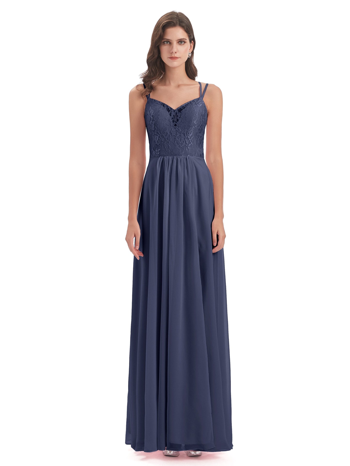 Saanvi Spaghetti Straps Open Back Lace Long Bridesmaid Dresses