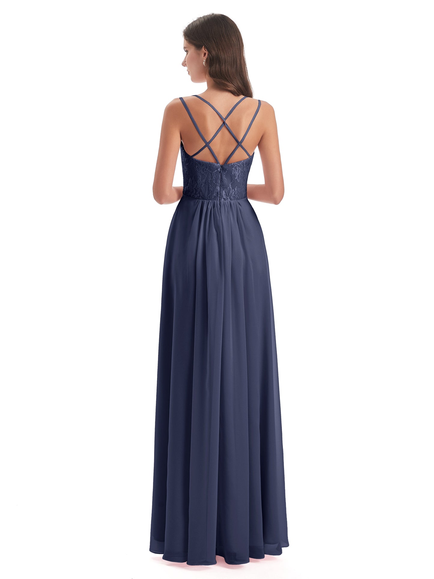 Saanvi Spaghetti Straps Open Back Lace Long Bridesmaid Dresses