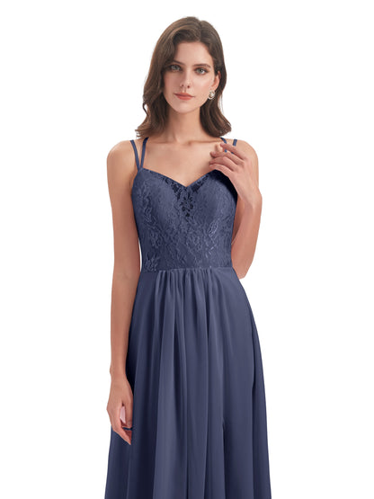 Saanvi Spaghetti Straps Open Back Lace Long Bridesmaid Dresses