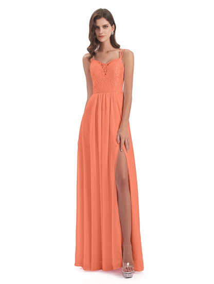 Saanvi Spaghetti Straps Open Back Lace Long Bridesmaid Dresses