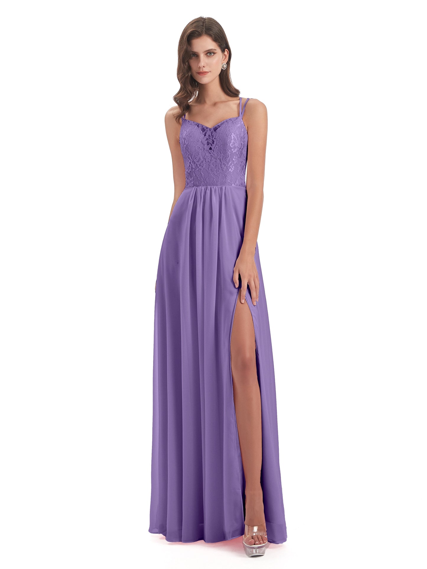Saanvi Spaghetti Straps Open Back Lace Long Bridesmaid Dresses