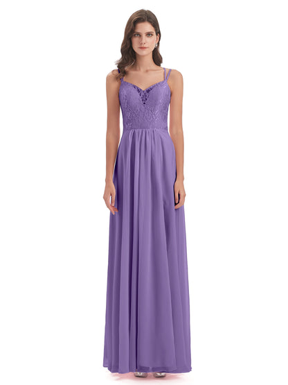 Saanvi Spaghetti Straps Open Back Lace Long Bridesmaid Dresses