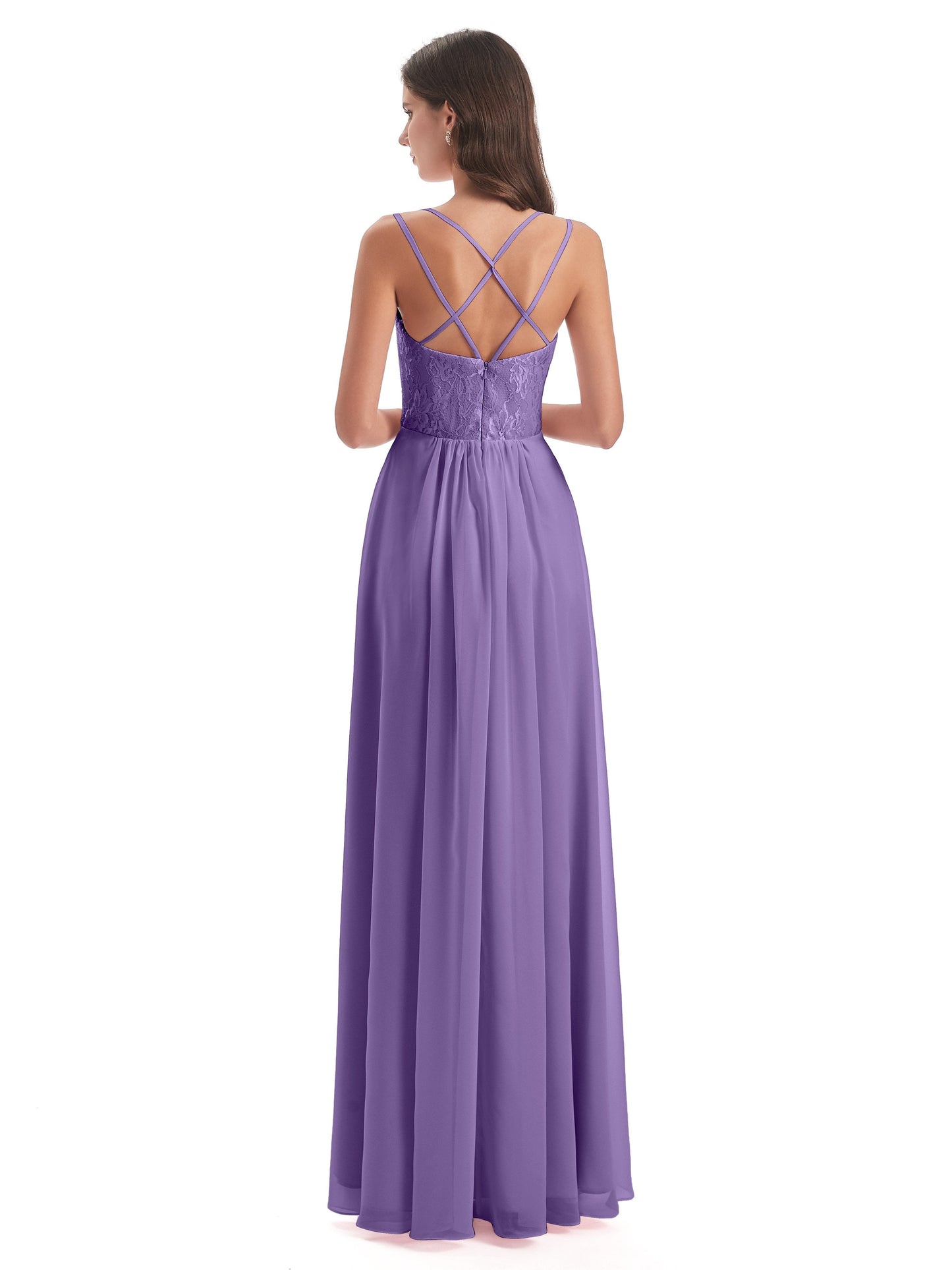 Saanvi Spaghetti Straps Open Back Lace Long Bridesmaid Dresses