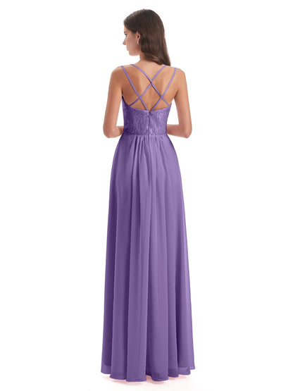Saanvi Spaghetti Straps Open Back Lace Long Bridesmaid Dresses